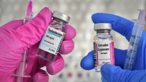 Person holding vials of testosterone and estradiol
