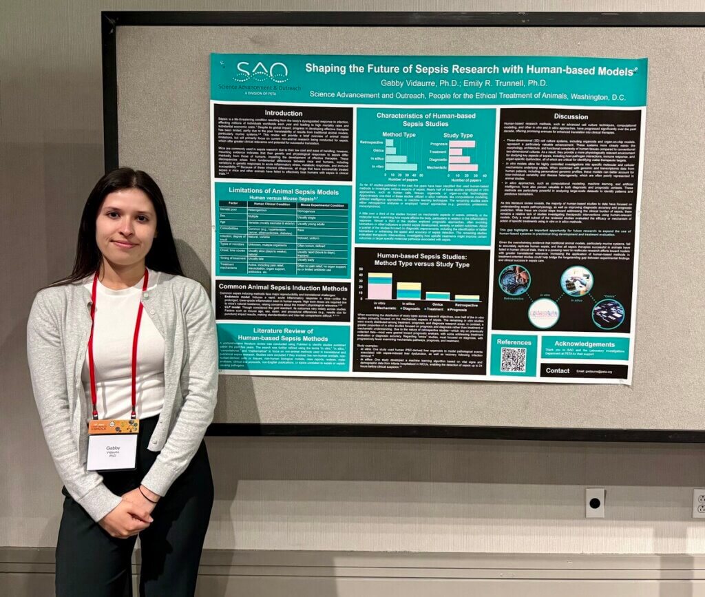 SAO Research Associate Dr. Gabby Vidaurre in front of her poster titled, "Shaping the Future of Sepsis Research with Human-based Models."